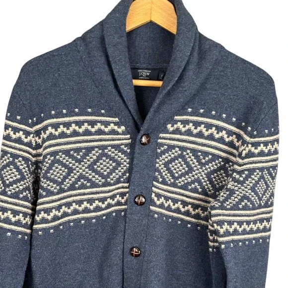 J.Crew Mens Blue Lambswool Fair Isle Shawl Collar Cardigan Sweater B3981 Small - Picture 1 of 9